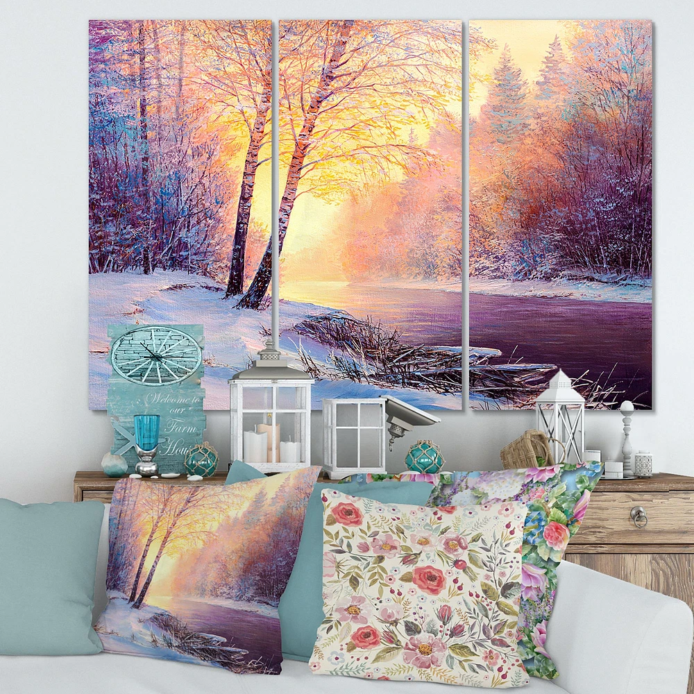 Winter Scenery with Bridge of Meandering River II Canvas Wall Art - 3 Panels