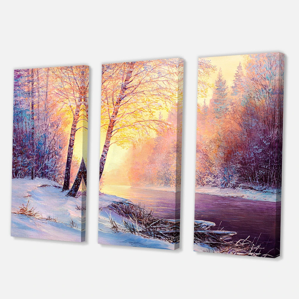 Winter Scenery with Bridge of Meandering River II Canvas Wall Art - 3 Panels