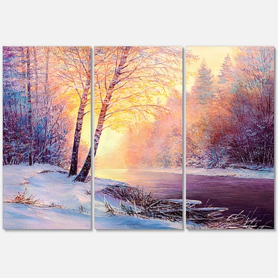 Winter Scenery with Bridge of Meandering River II Canvas Wall Art - 3 Panels