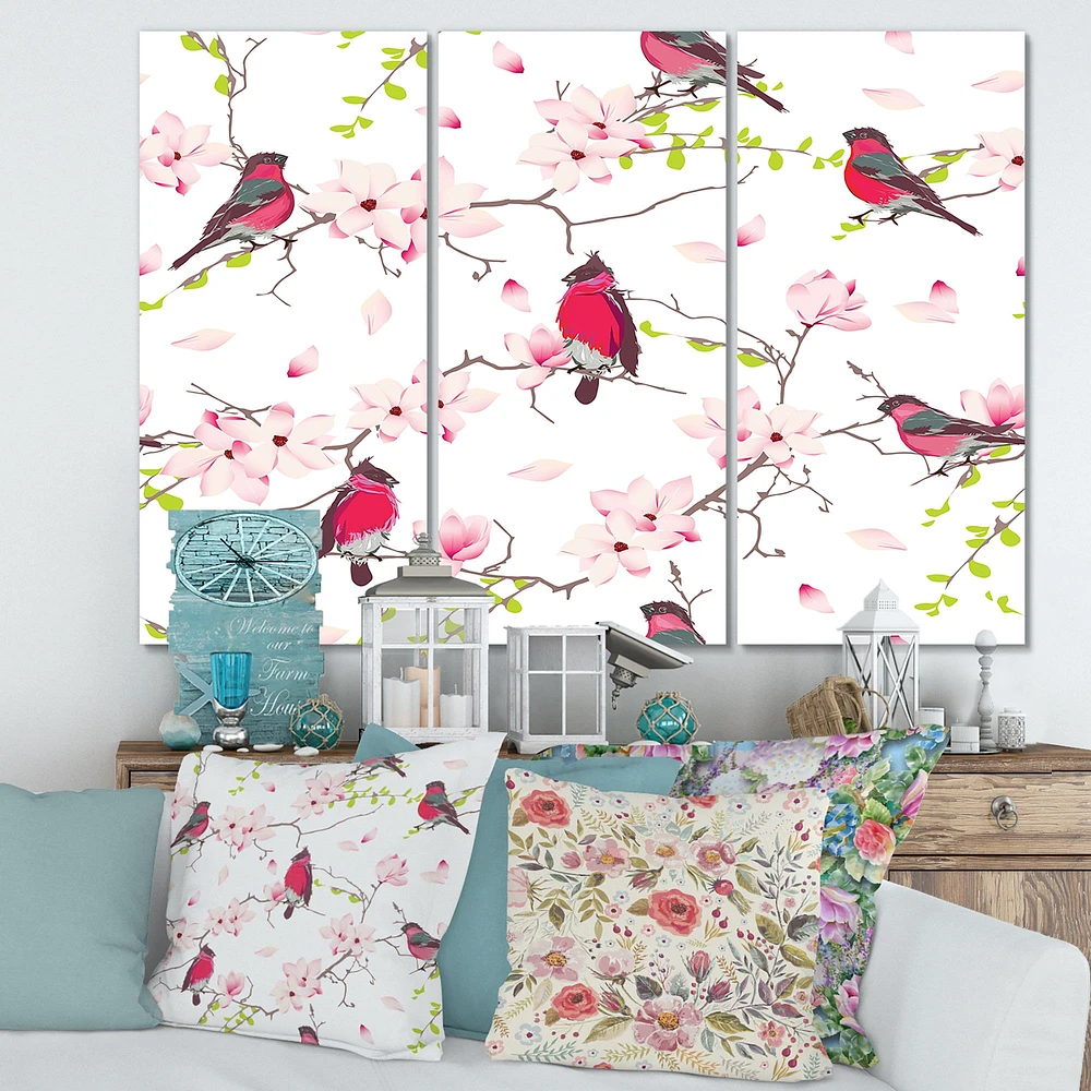 Red Bullfinches on Magnolia Tree  Canvas Wall Art