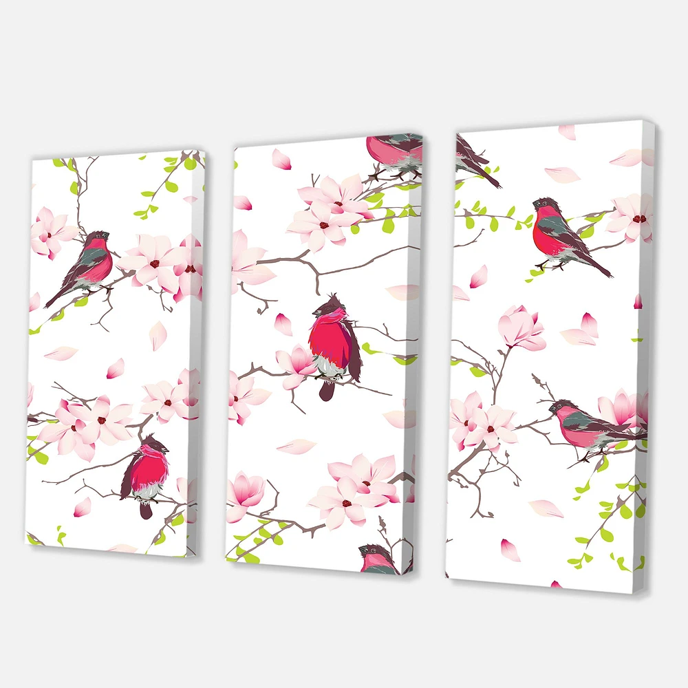 Red Bullfinches on Magnolia Tree  Canvas Wall Art