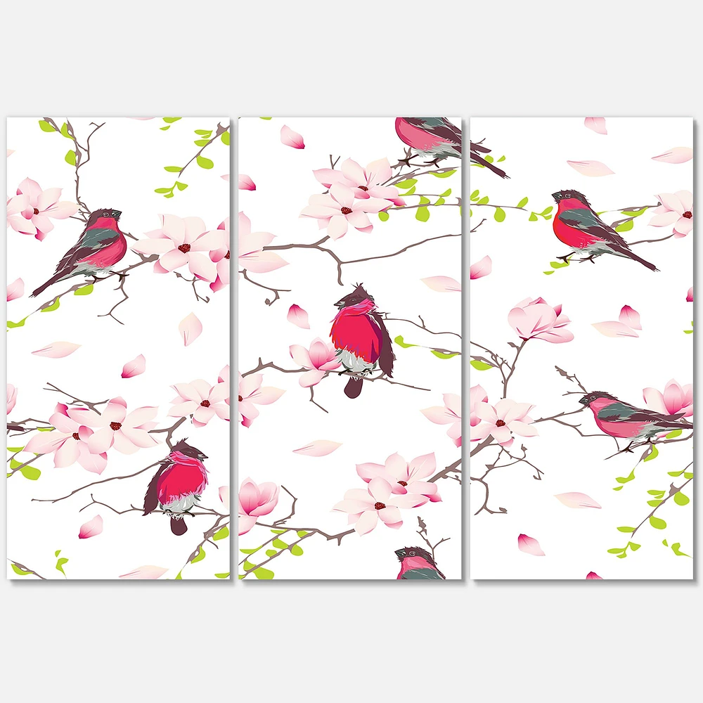 Red Bullfinches on Magnolia Tree  Canvas Wall Art