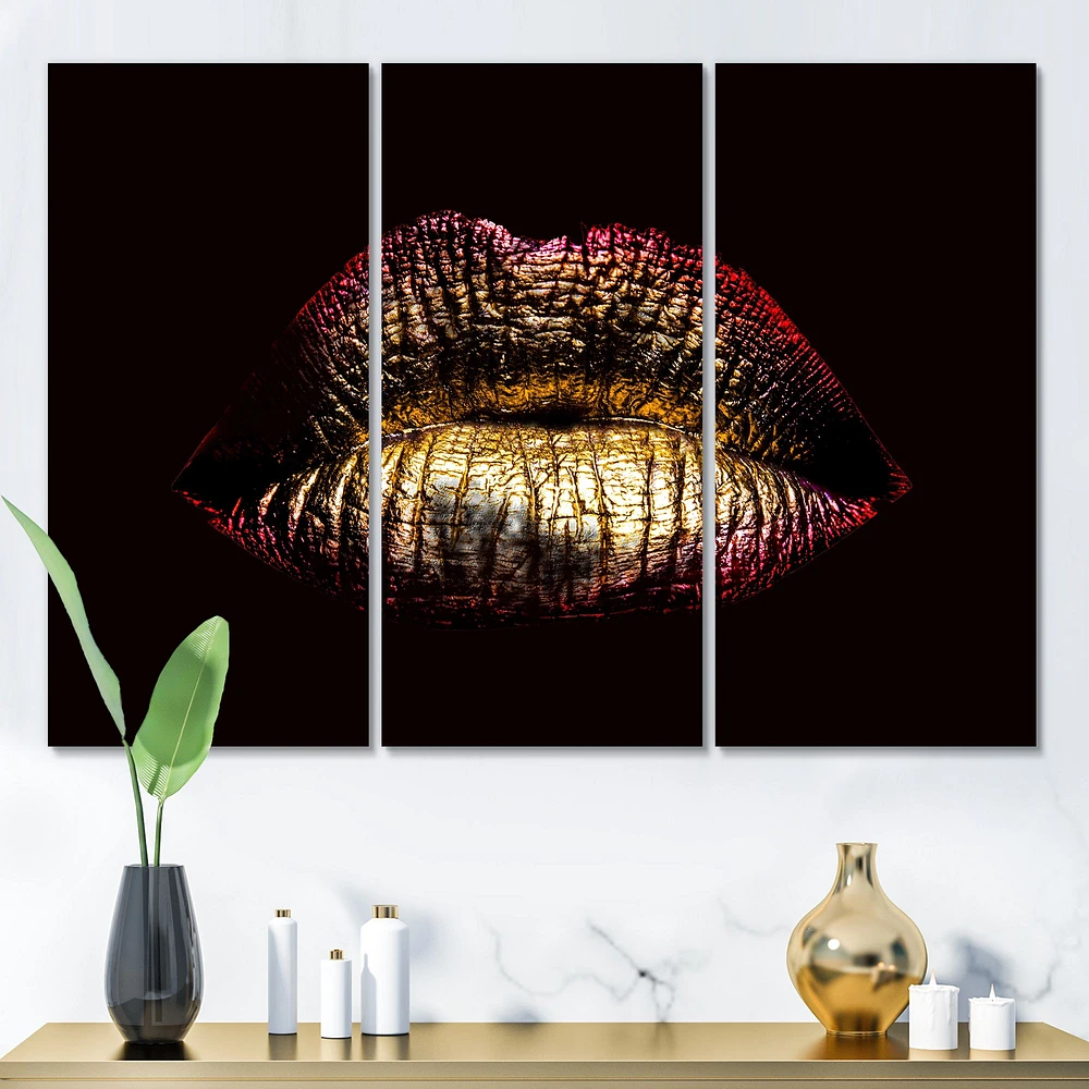 Sexy Golden Metallized Female Lips IV Canvas Wall Art - 3 panels