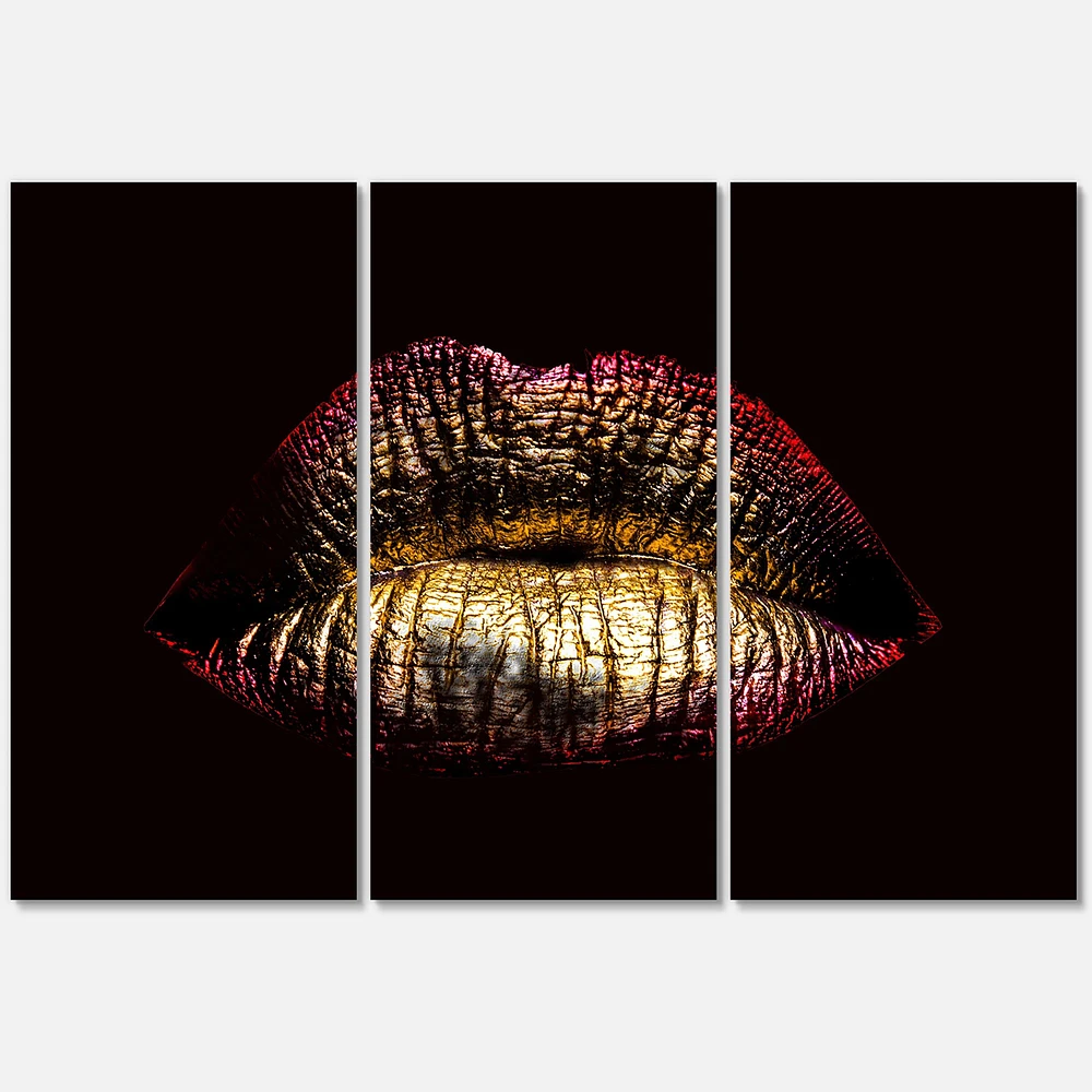 Sexy Golden Metallized Female Lips IV Canvas Wall Art - 3 panels