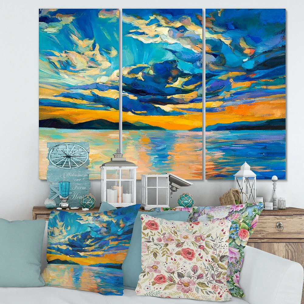 Cloudy Wide Open Sunset Over Ocean Horizon Canvas Wall Art - 3 Panels