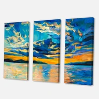 Cloudy Wide Open Sunset Over Ocean Horizon Canvas Wall Art - 3 Panels