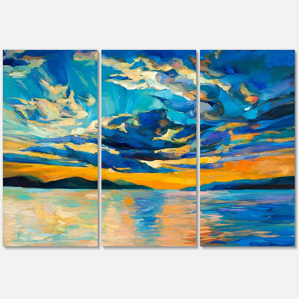 Cloudy Wide Open Sunset Over Ocean Horizon Canvas Wall Art - 3 Panels