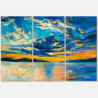 Cloudy Wide Open Sunset Over Ocean Horizon Canvas Wall Art - 3 Panels