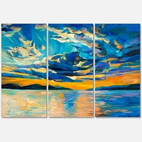 Cloudy Wide Open Sunset Over Ocean Horizon Canvas Wall Art - 3 Panels