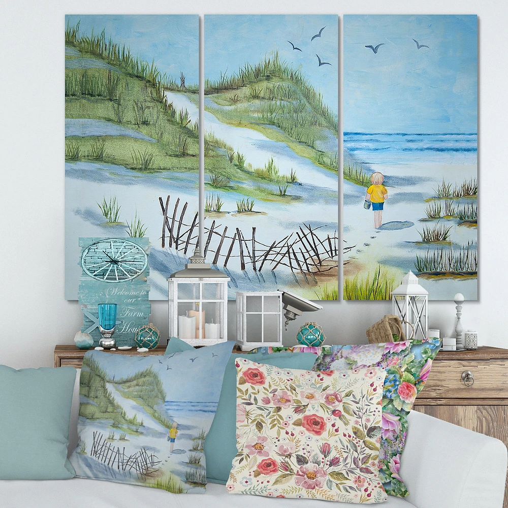 Child Walking The  Beach Canvas Wall Art - 3 Panels