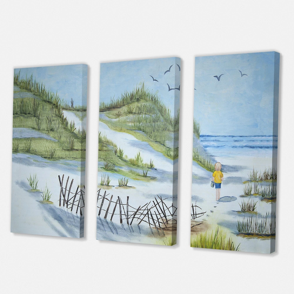 Child Walking The  Beach Canvas Wall Art - 3 Panels