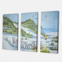 Child Walking The  Beach Canvas Wall Art - 3 Panels