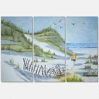 Child Walking The  Beach Canvas Wall Art - 3 Panels