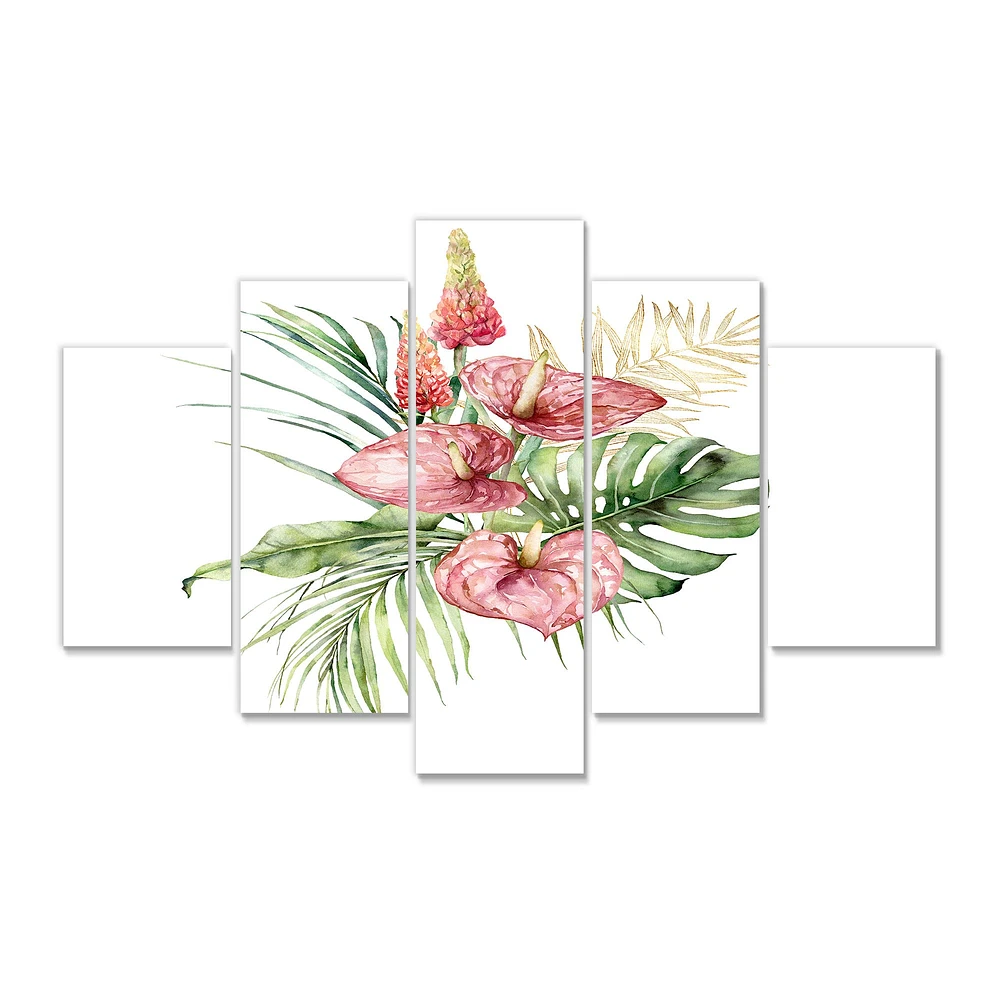 Tropical Bouquet with Anthurium Lupine & Leaves I Canvas Wall Art Print Panels