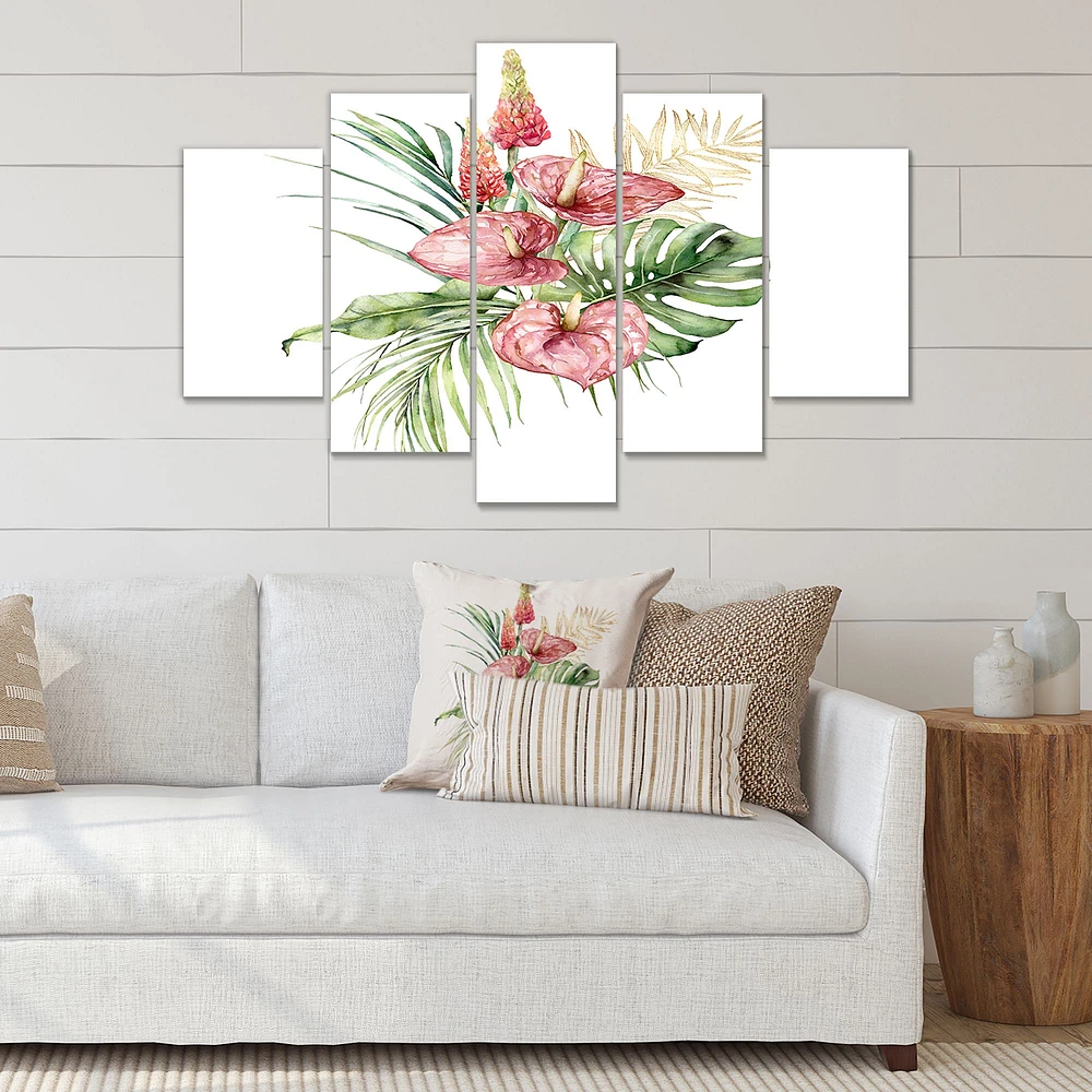 Tropical Bouquet with Anthurium Lupine & Leaves I Canvas Wall Art Print Panels