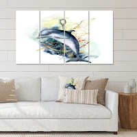 Dolphin Turtle Anchor & Linear Coral Reef Plants Canvas Rectangular Wall Art Print