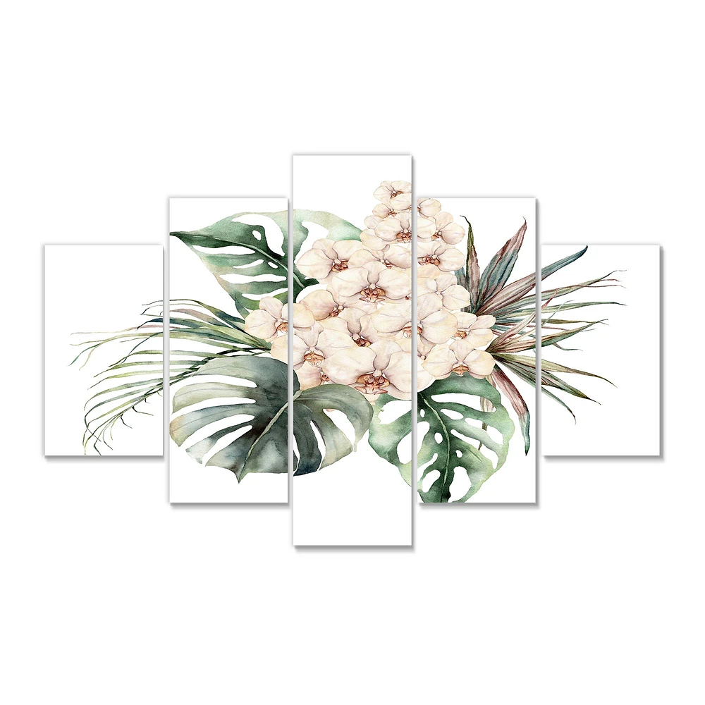 Toile imprimée « Bouquet with Orchids Monstera and Coconut Leaves »