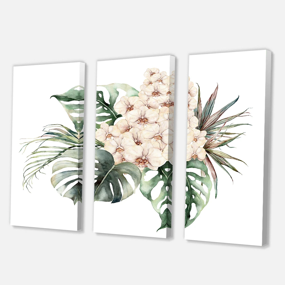 Bouquet with Orchids Monstera and Coconut Leaves Canvas Wall Art Print