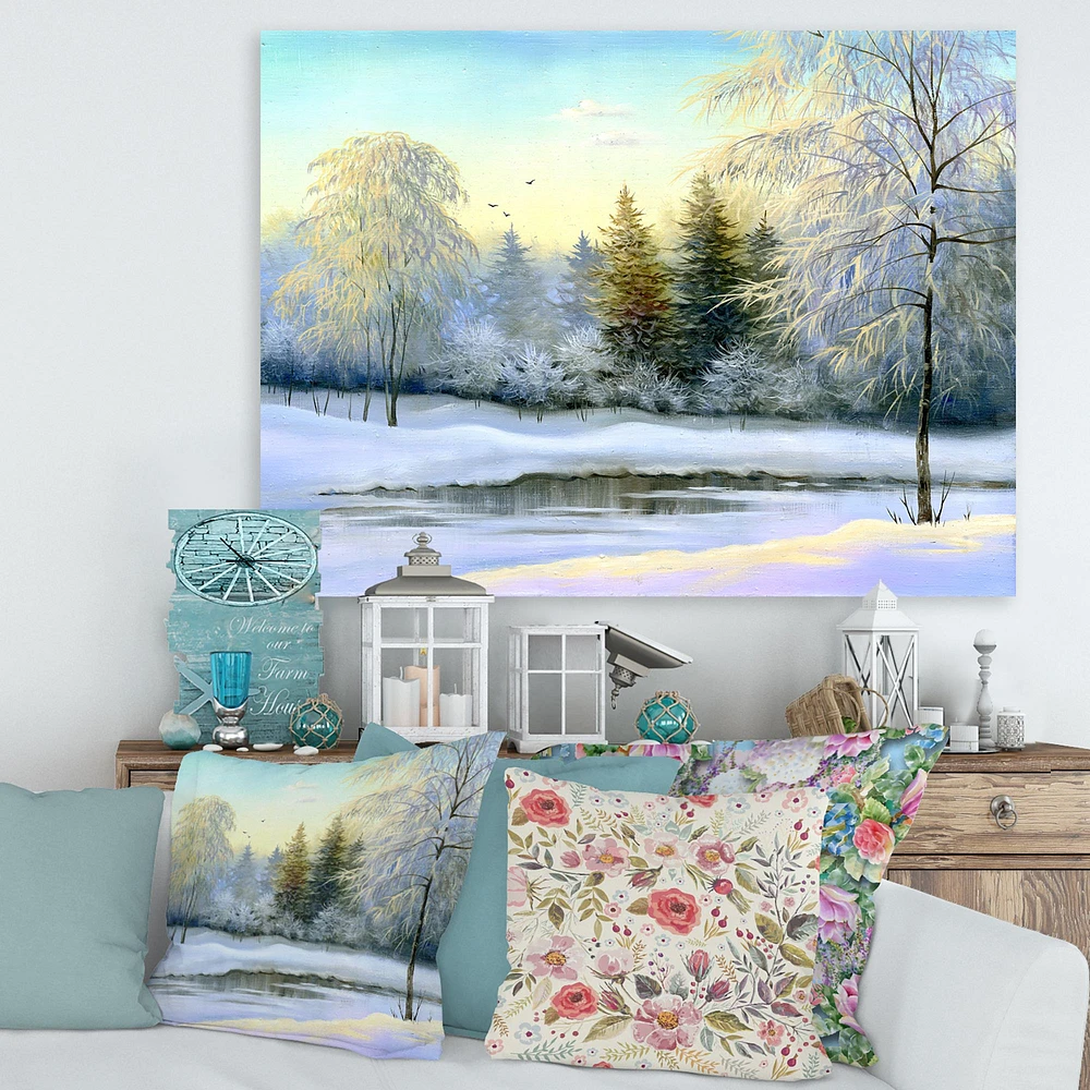 Green Trees in Beautiful Winter Landscape Canvas Wall Art Print