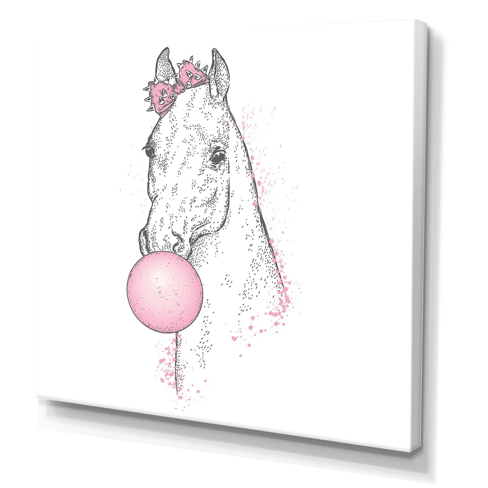 White Horse with Pink Bubble Gum  Canvas Wall Art Print