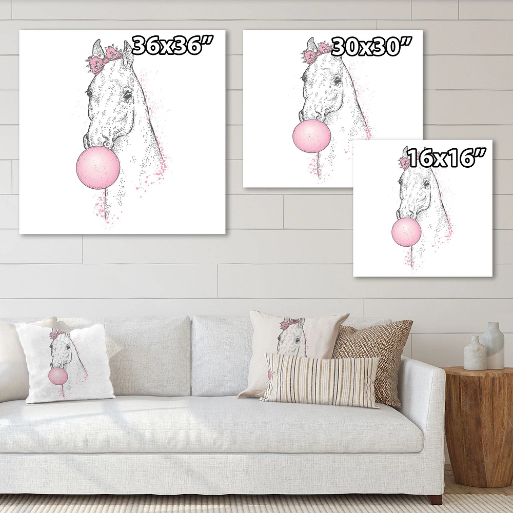 White Horse with Pink Bubble Gum  Canvas Wall Art Print