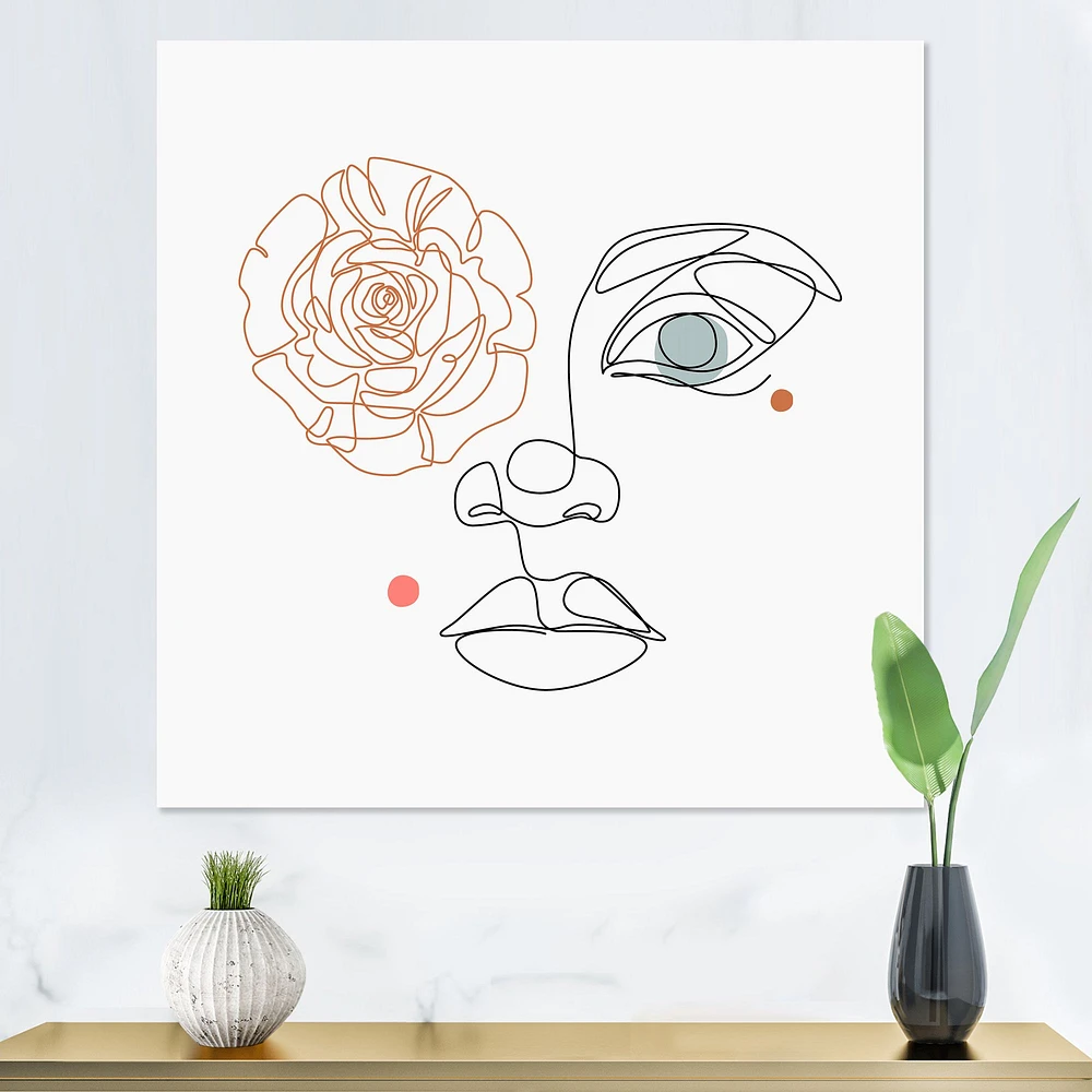 Female Face one Line Drawing with Minimal Shapes Canvas Wall Art Print