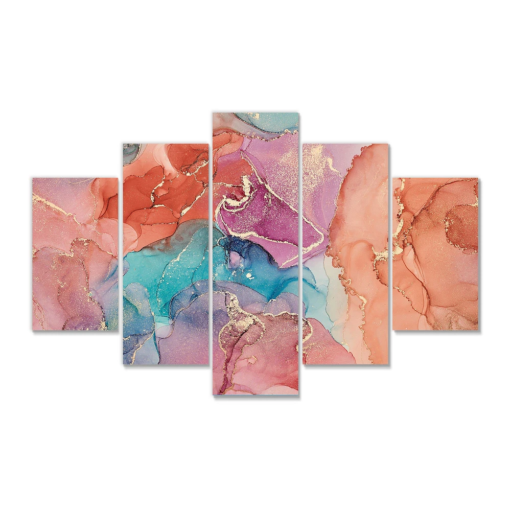 Turquoise and Brown Luxury Abstract Fluid Art II -5 Pieces Canvas Wall Print