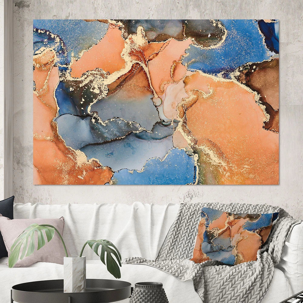 Blue and Orange Luxury Abstract Fluid Art I Canvas Wall Print