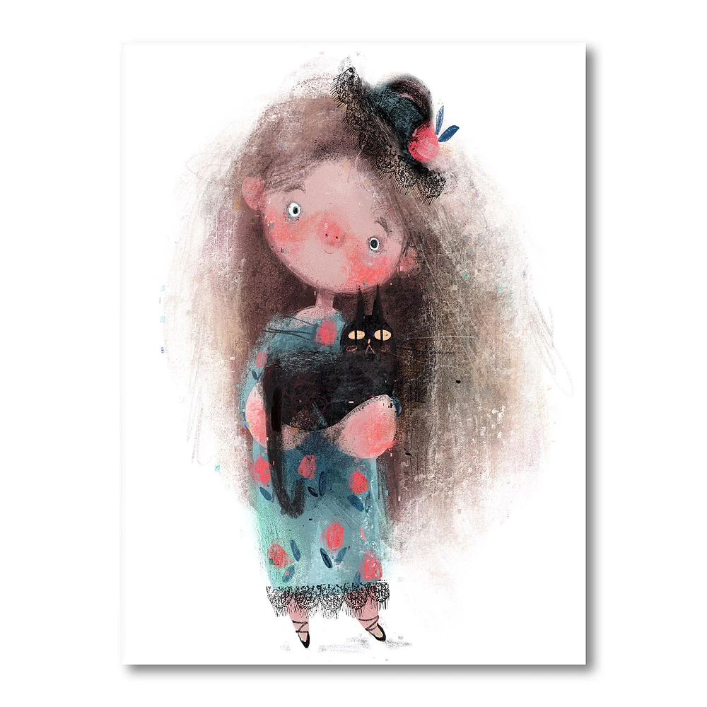 Cute Little Girl with Hat and Black Cat  Canvas Wall Art Print