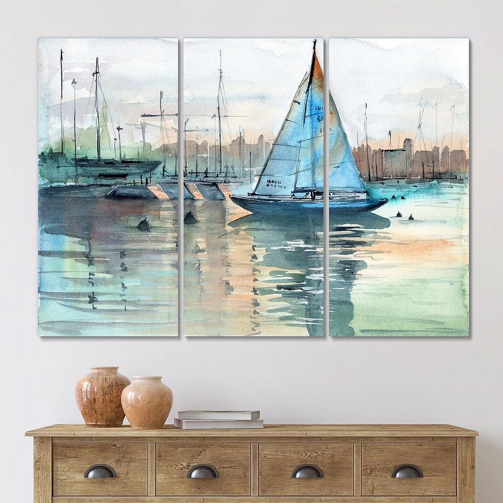 A Sailboat Marina with Some Yachts Canvas Wall Art Print - 3 Panels