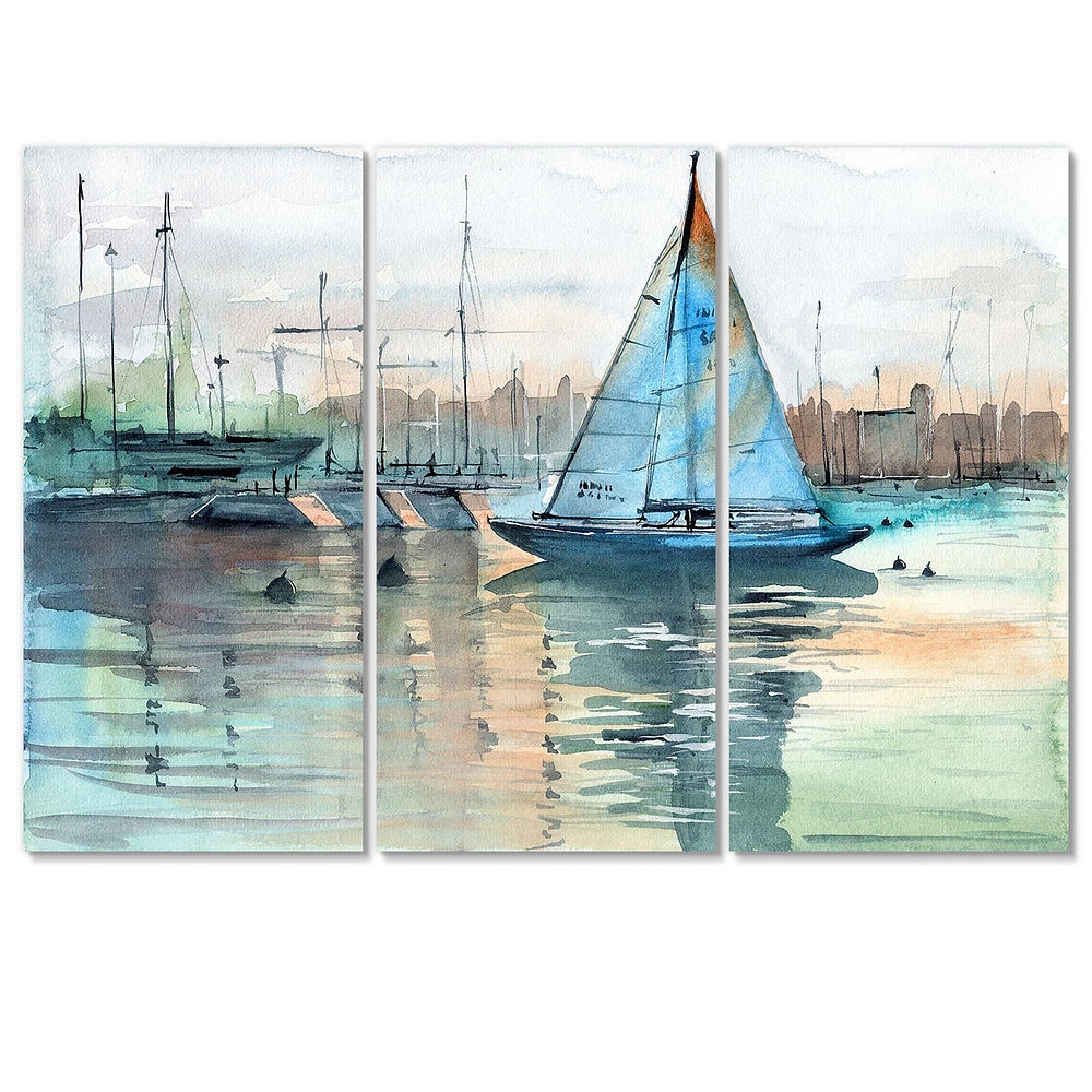 A Sailboat Marina with Some Yachts Canvas Wall Art Print - 3 Panels