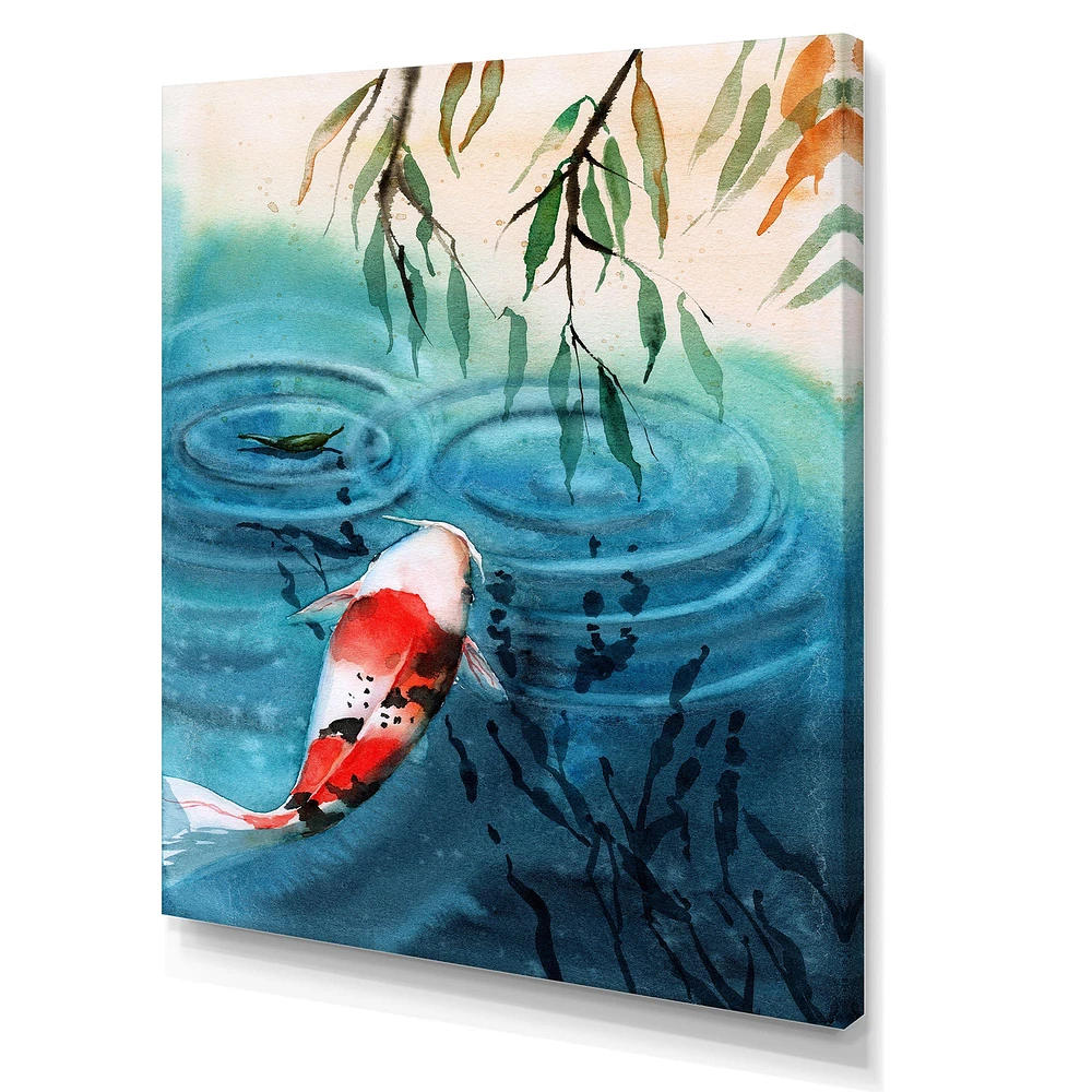 Illustration of Red Japanese Koi Carp Blue Lake  Canvas Wall Art Print