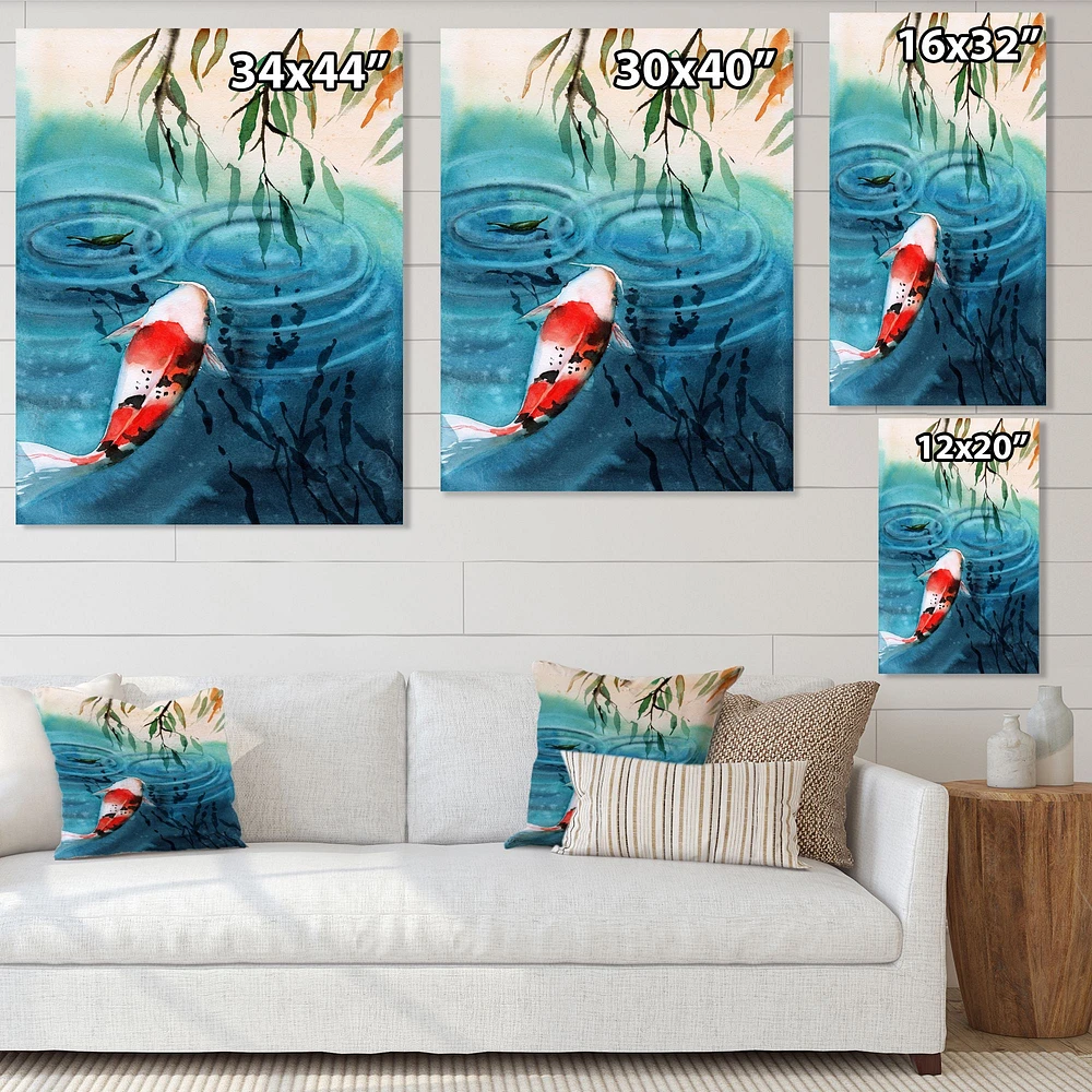 Illustration of Red Japanese Koi Carp Blue Lake  Canvas Wall Art Print