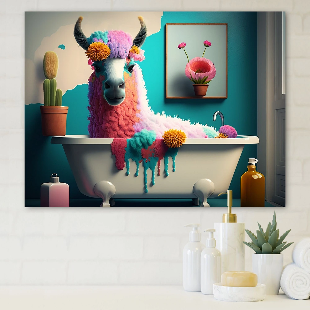 Funny Llama The Bath IV Canvas Wall Art