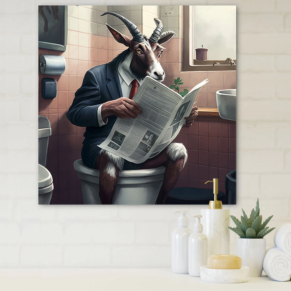 Goat On Toilet Reading News Canvas Wall Art