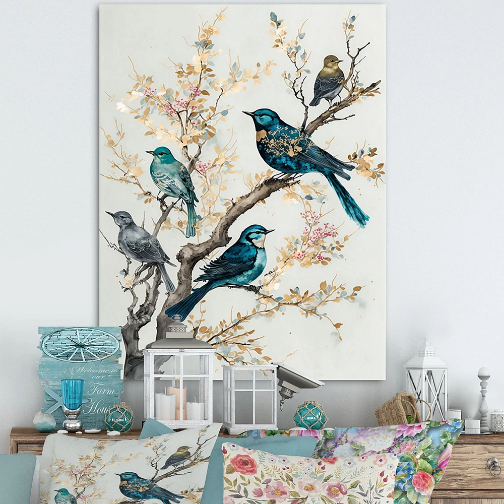 Multicolor Birds On Plum Blossoms Tree IX Wall Art