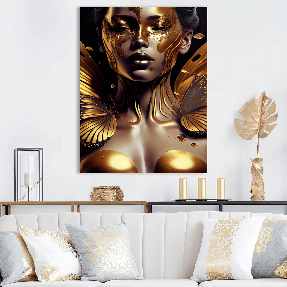 Woman With Black And Gold Butterflies I Wall Art