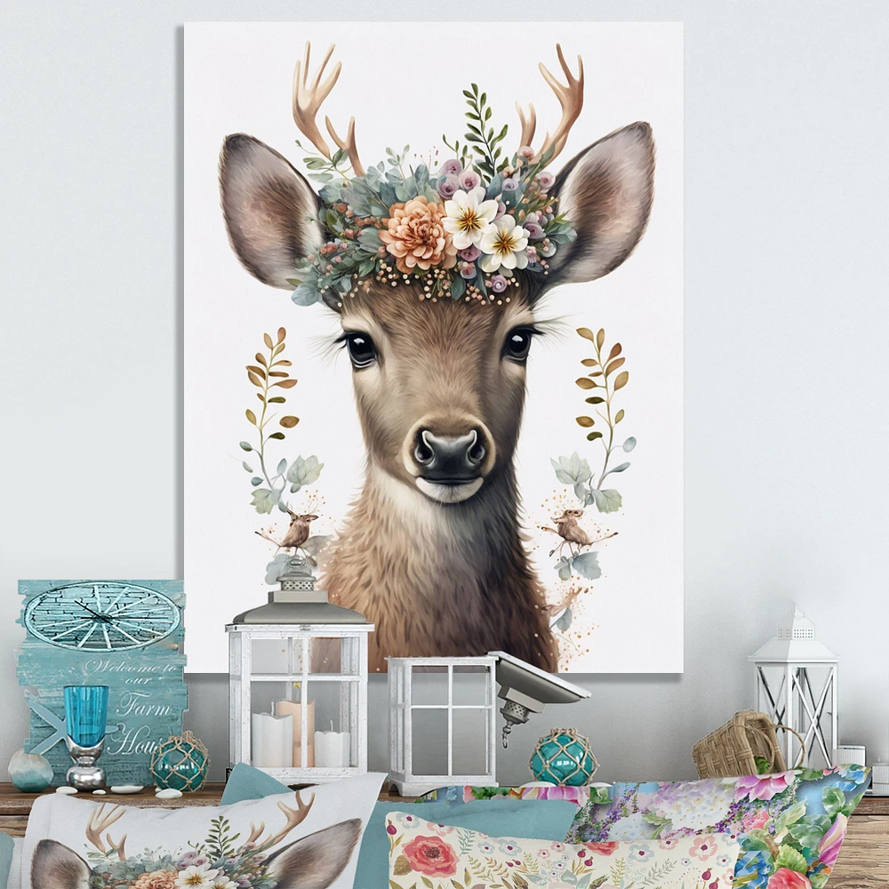 Cute Baby Caribou With Floral Crown I Wall Art