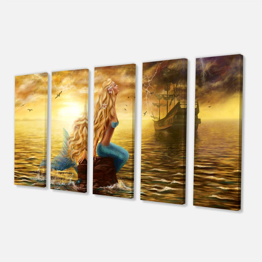 Sea Mermaid with Ghost Ship Canvas Wall Art Panels