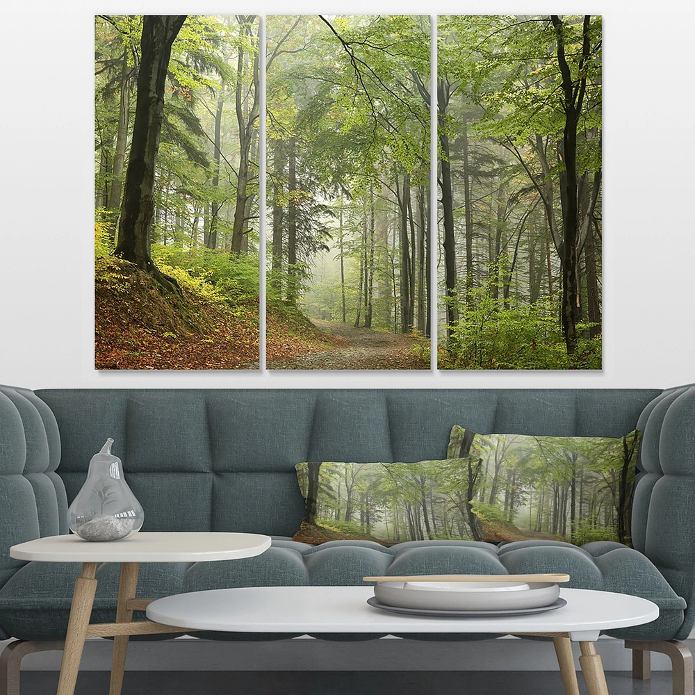 Green Beach Forest Pathway Canvas Wall Art - 3 Panels