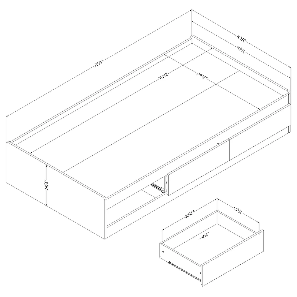 South Shore Furniture Arlen Lit simple avec 3 tiroirs - Pin blanc