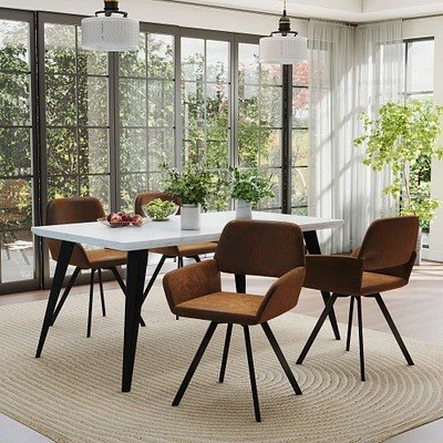 Marble Dining Set with Brown Swivel Chairs, Set of 5