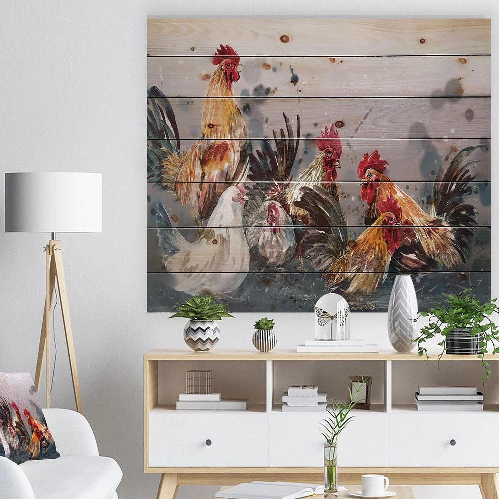 Group of Rooster Gray Farm background Wood Wall Art