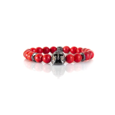 Luenzo Red/Black Jade and Gunmetal Cubic Zirconia Warrior Helmet Bracelet