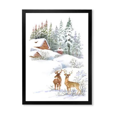 Winter cottage with two deers wall art