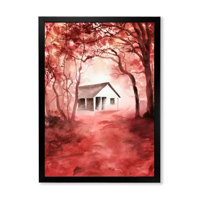 House in red autumn woods wall art