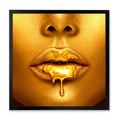 Gold paint drips from sexy woman lips wall art - 30"" x 30"" - canvas only