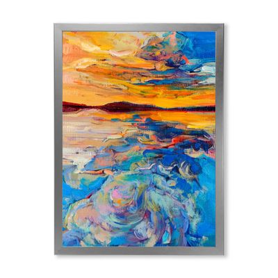 Toile « orange sunset over whirly blue waves » - argent - toile encadrée - argent