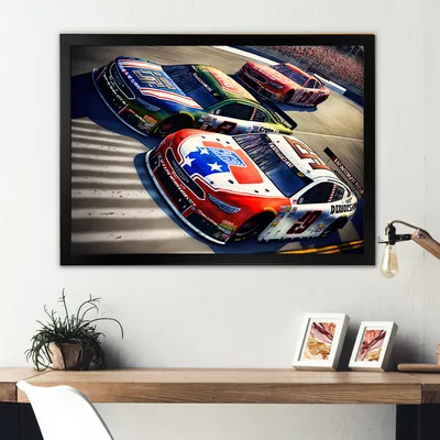 American race car framed wall art - 20x12 - black frame canvas