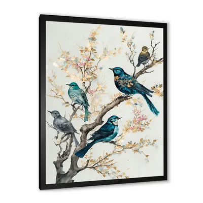 Multicolor birds on plum blossoms tree ix wall art - 30x40 - gold frame canvas